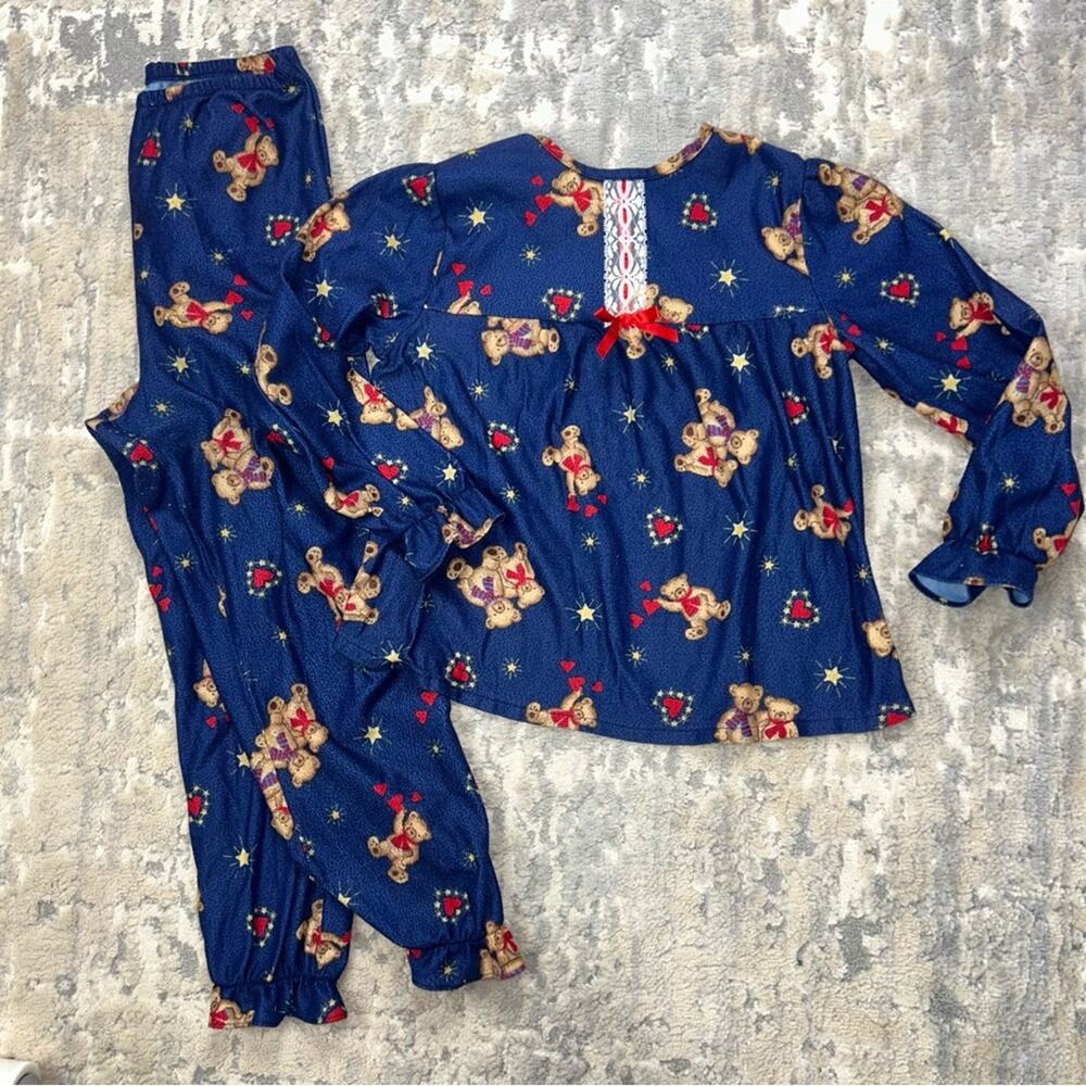Vintage Secret Treasures Teddy Bear Print Polyester Fleece Pajamas Size 10 1990